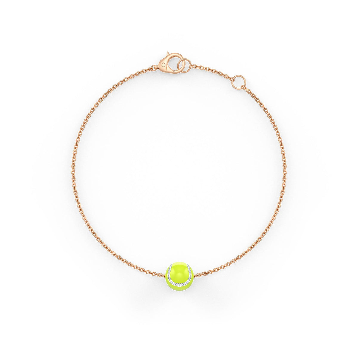 Rose gold bracelet with a green bead on a white background
