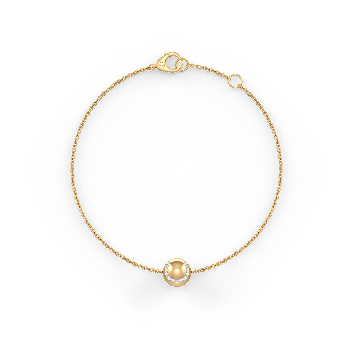 Bracelet with a small round gold charm on a white background