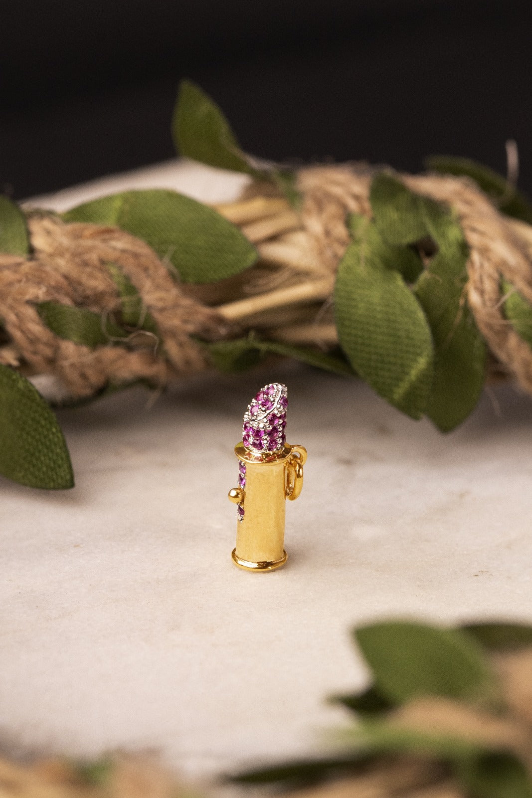 18ct Yellow Gold Lipstick Charm with Pink Stones Pendant Hoop Charms