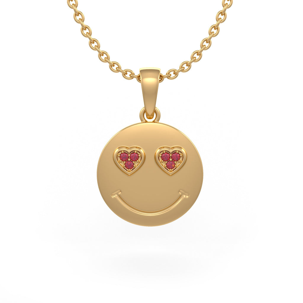 18ct yellow gold ruby heart eyes emoji necklace with elegant pendant