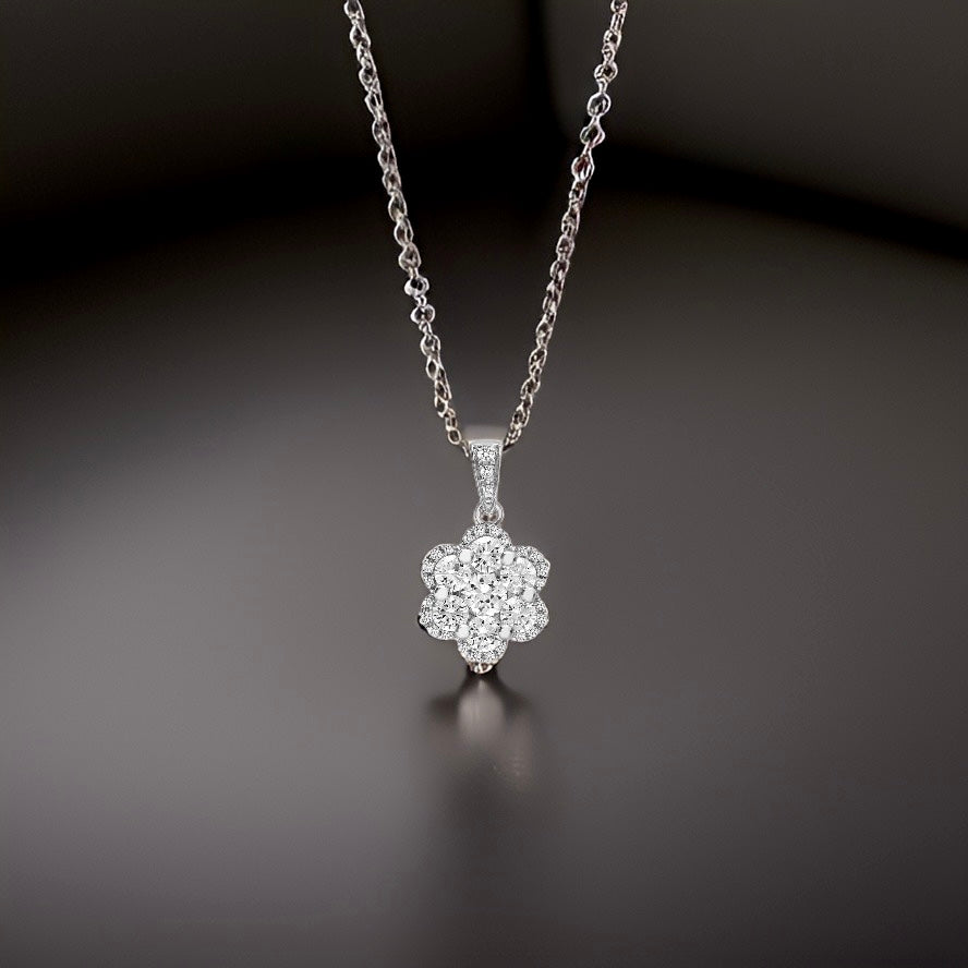 18ct White 0.77ct Diamond Flower Cluster Pendant near 1ct with Chain