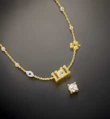 Lucky Girl Manifest Diamond Necklace 1111 with Clover & Evil Eye Charms in 18ct Yellow Gold As Seen in VOGUE