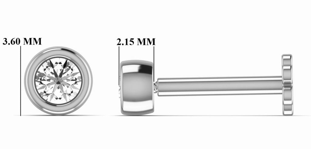 Silver stud with clear gemstone, showing dimensions on a white background