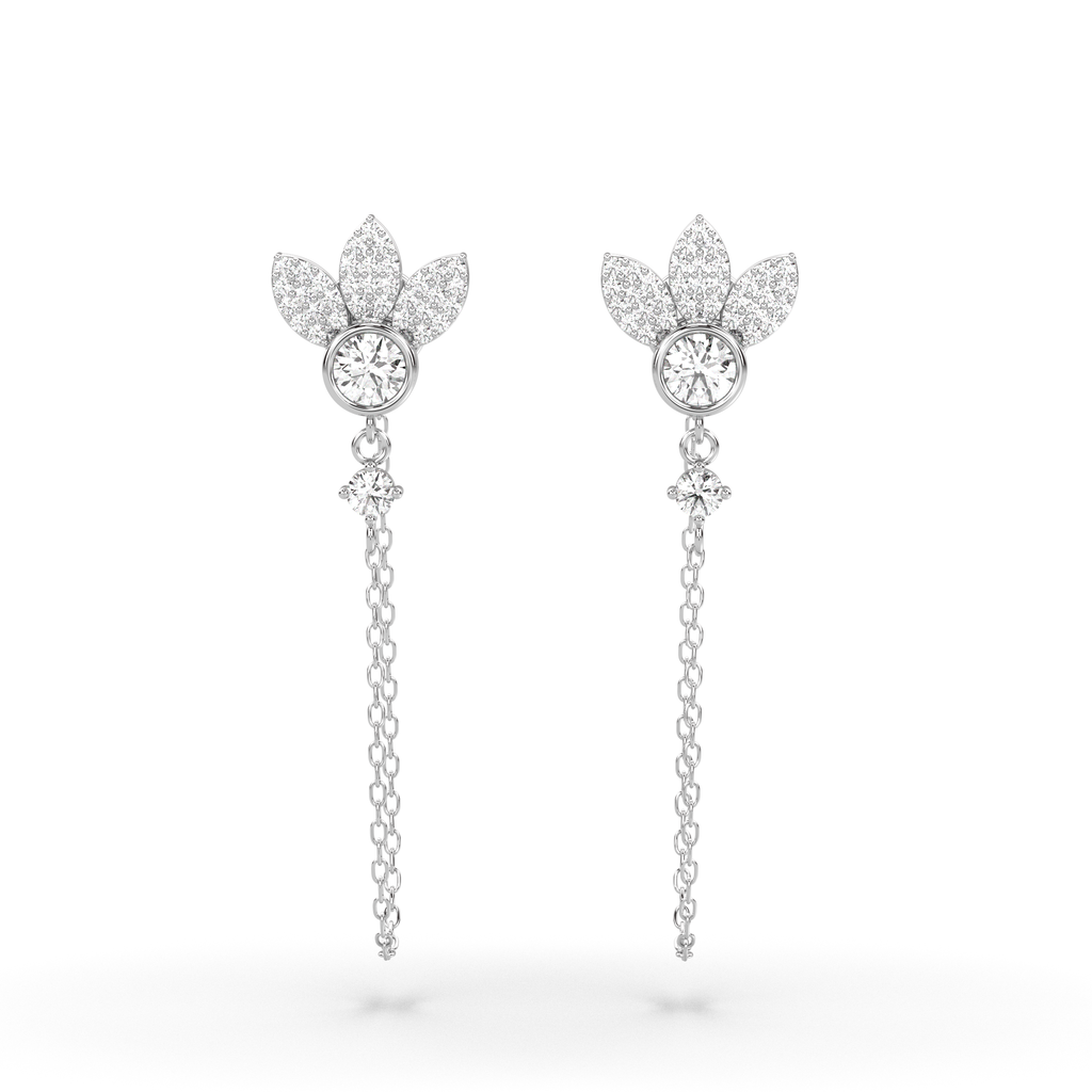  Orecchini a catena con diamanti Lotus in oro bianco