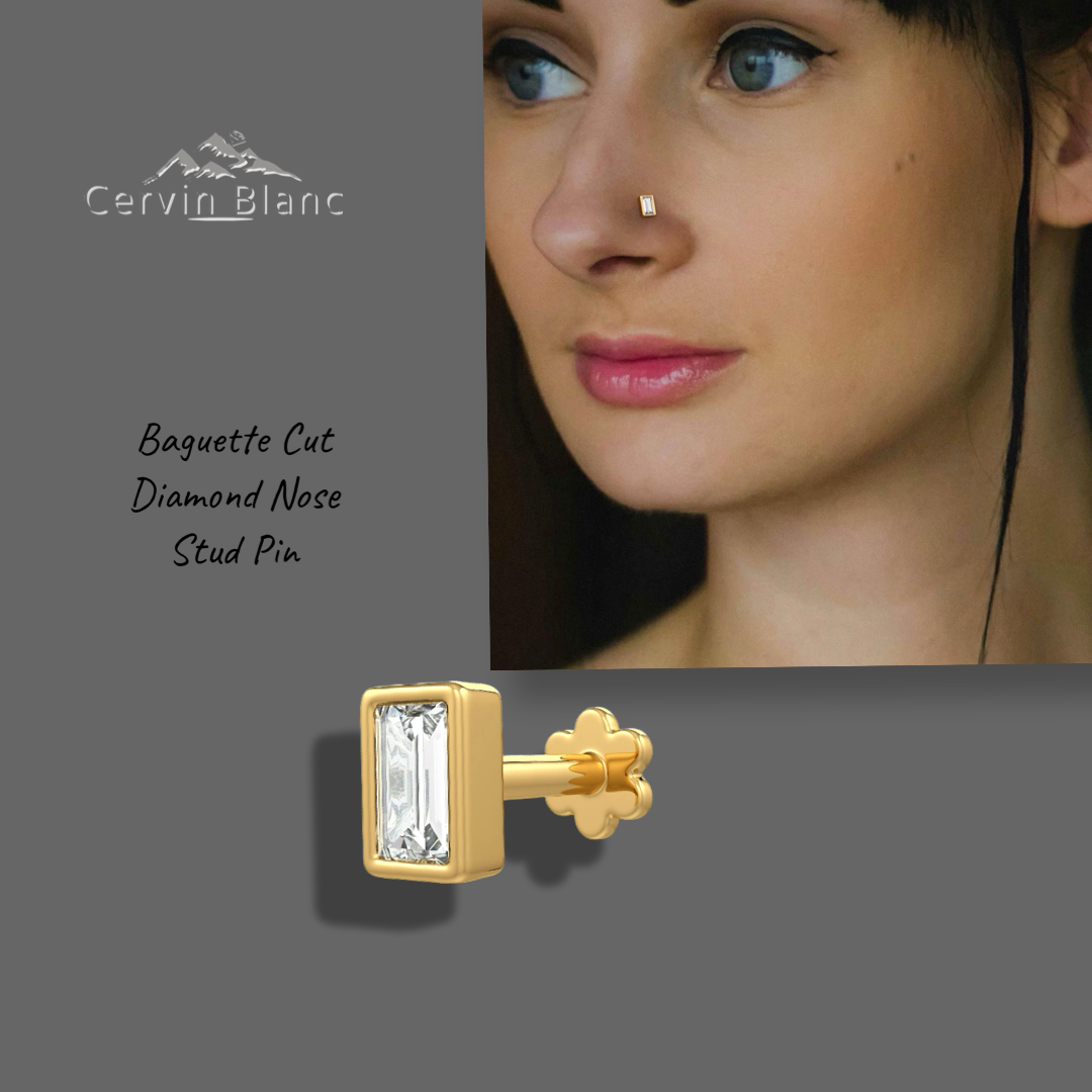 Gold nose stud with baguette cut diamond featuring Cervin Blanc brand
