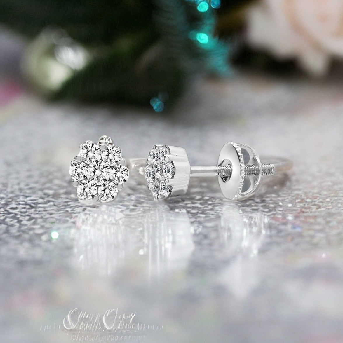 18ct White 1ct Diamond 7 Stone Cluster Earrings