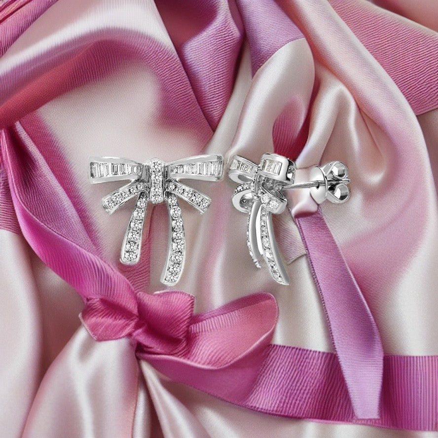 18ct White Gold 0.76ct Round & Baguette Diamond Bow Earrings