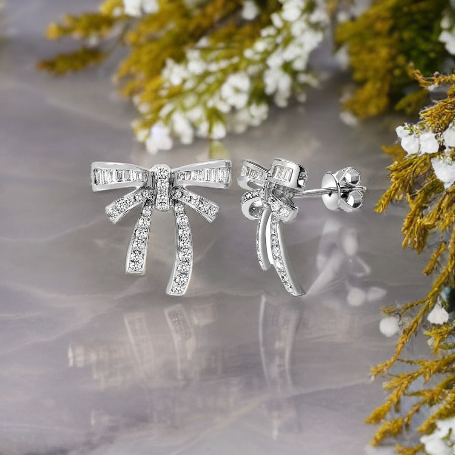 18ct White Gold 0.76ct Round & Baguette Diamond Bow Earrings
