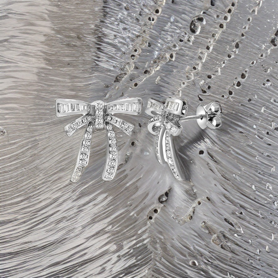 18ct White Gold 0.76ct Round & Baguette Diamond Bow Earrings