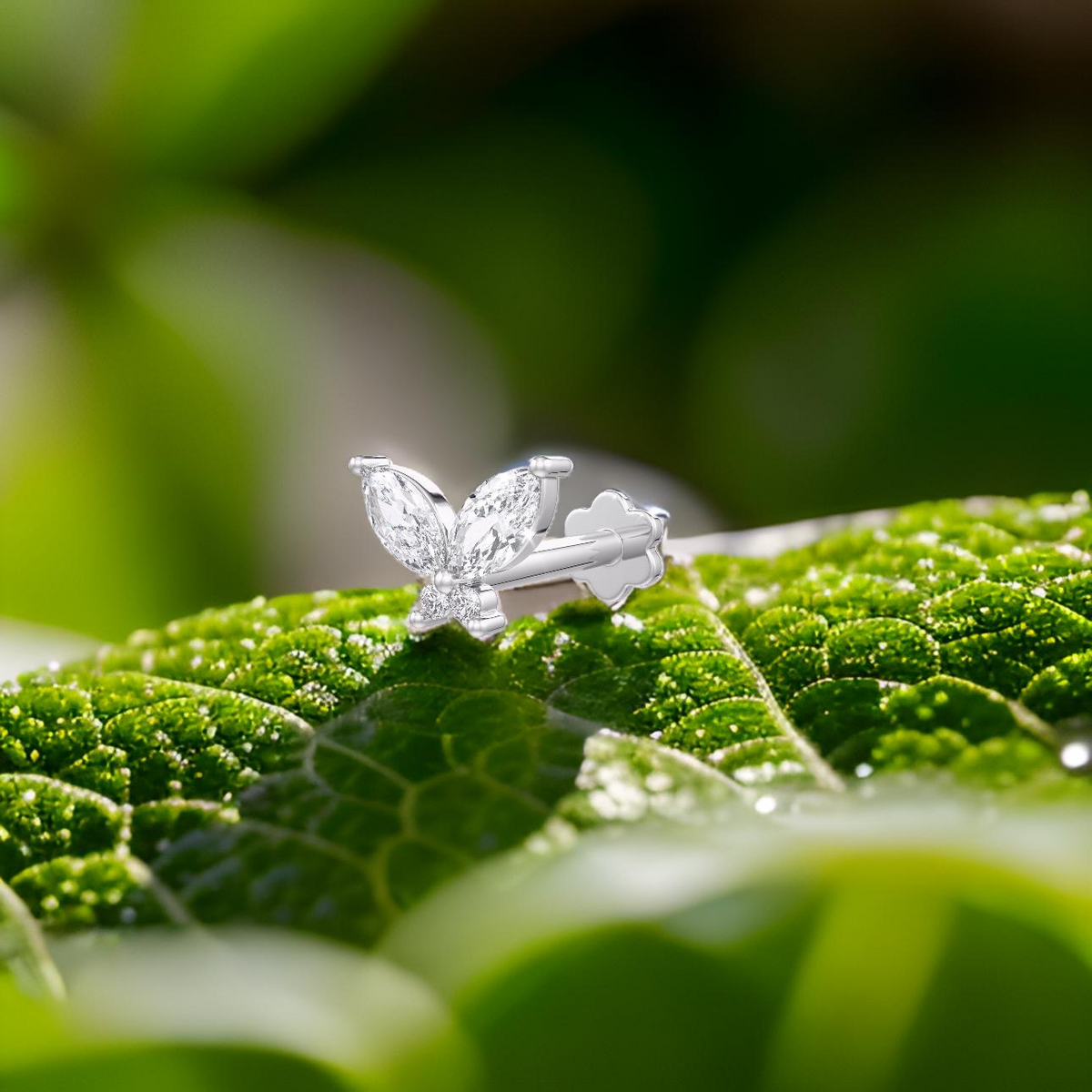 White butterfly earring on a green leaf 