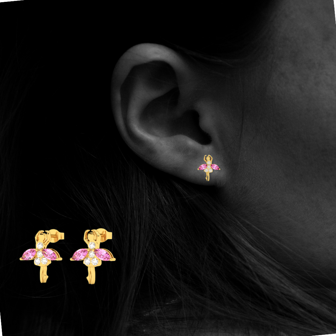 Pink gemstone and diamond yellow gold earrings