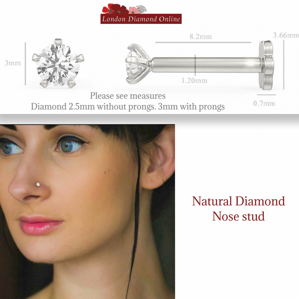 Natural diamond nose stud with measurements 