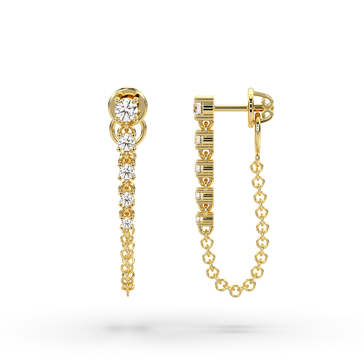 Boucles d'oreilles en or jaune serties de diamants (0,51 ct) et d'une chaîne.