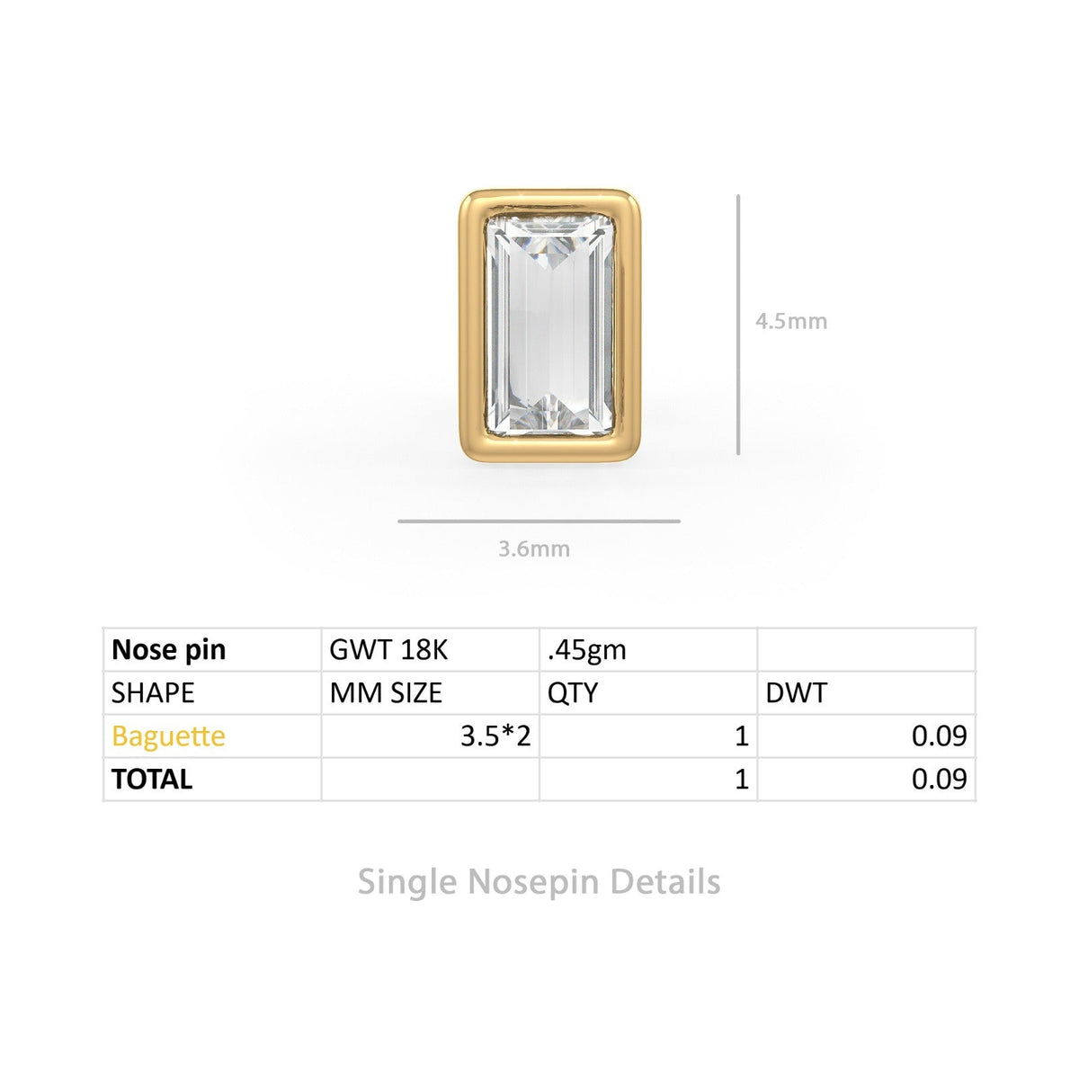 Contemporary 18K gold baguette nose pin detail