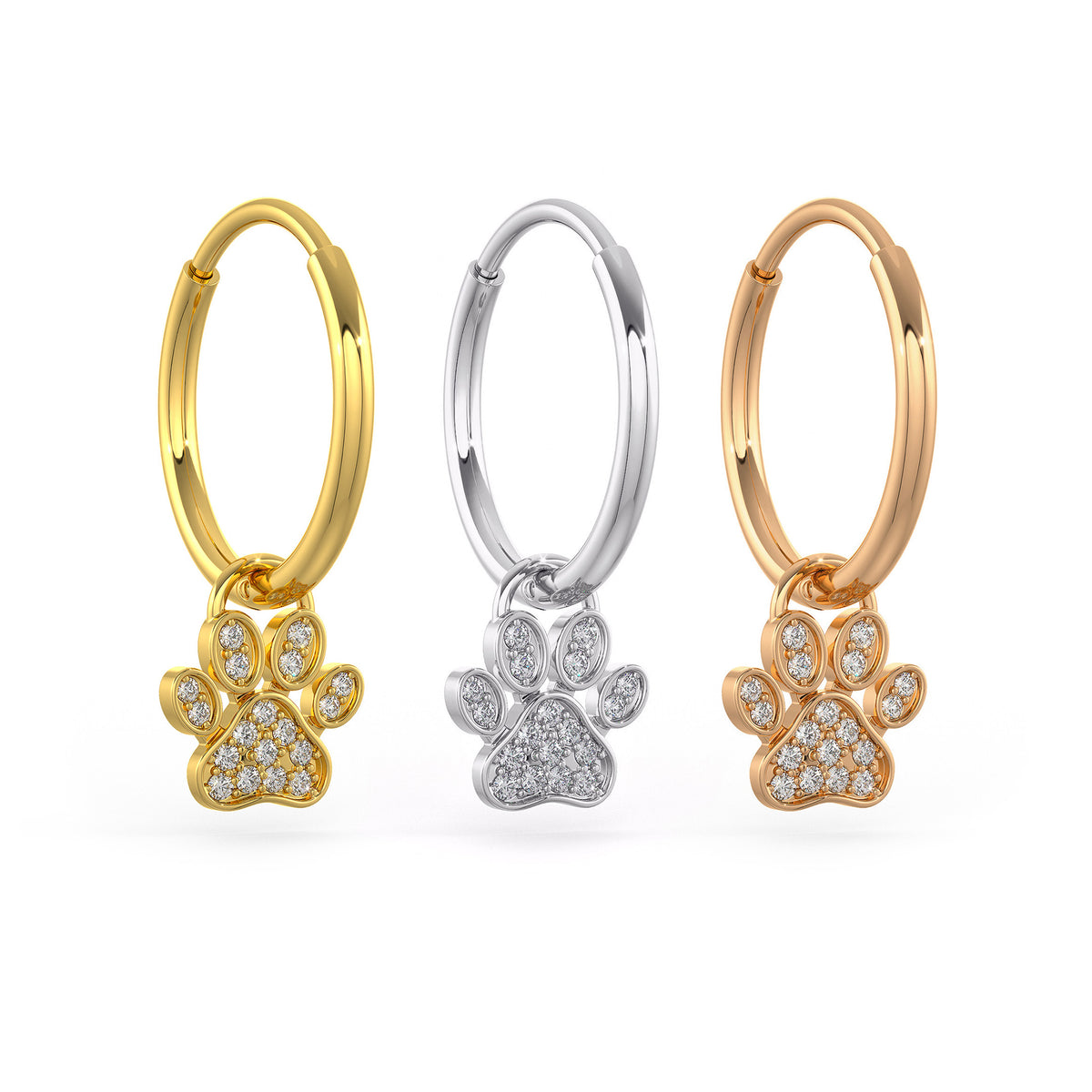 Diamond Paw Charm Hoop Earrings Yellow Gold