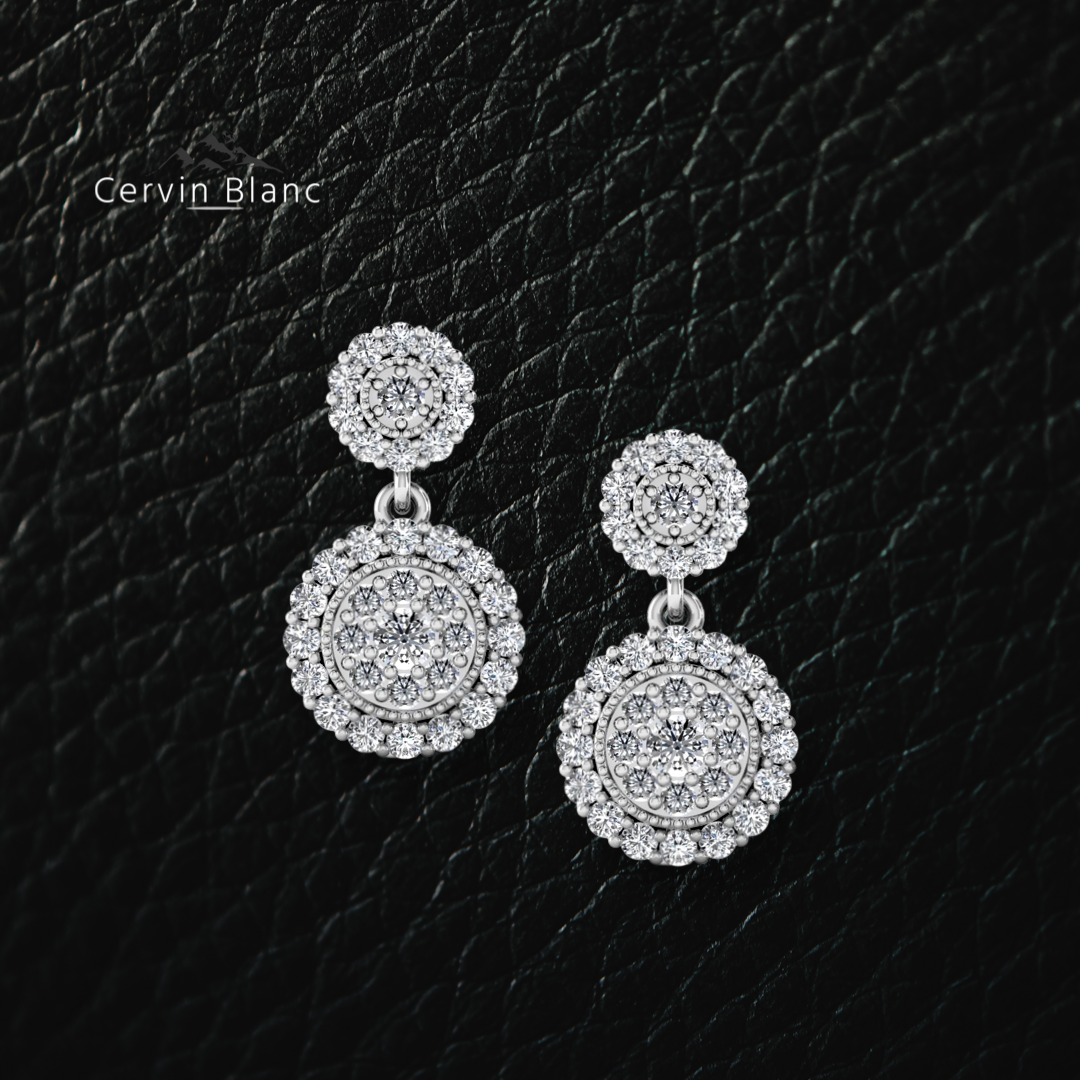Boucles d'oreilles pendantes en or blanc serties d'un halo de diamants de 1,25 carat