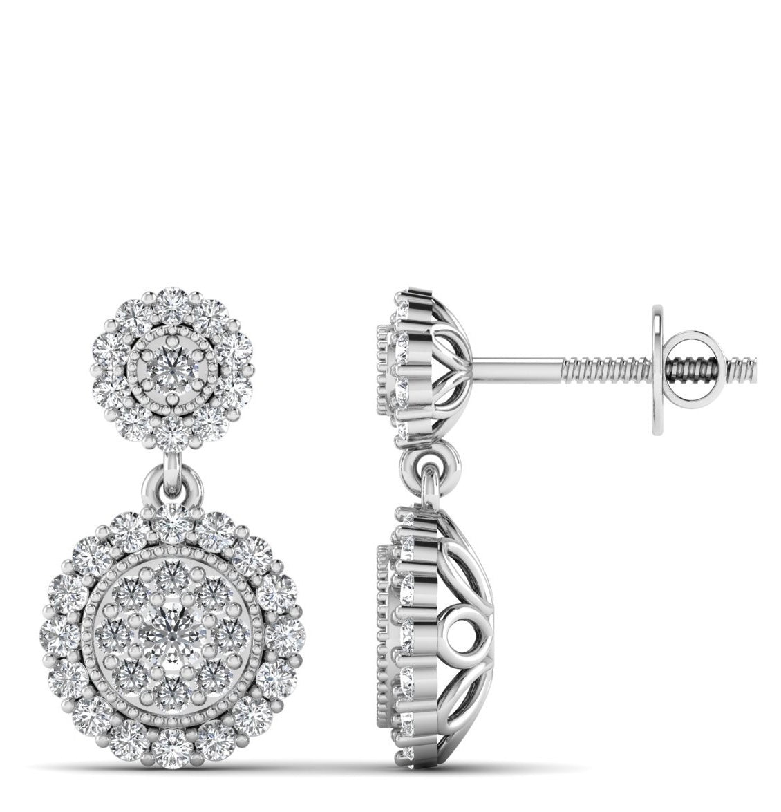 Boucles d'oreilles pendantes en or blanc serties d'un halo de diamants de 1,25 carat