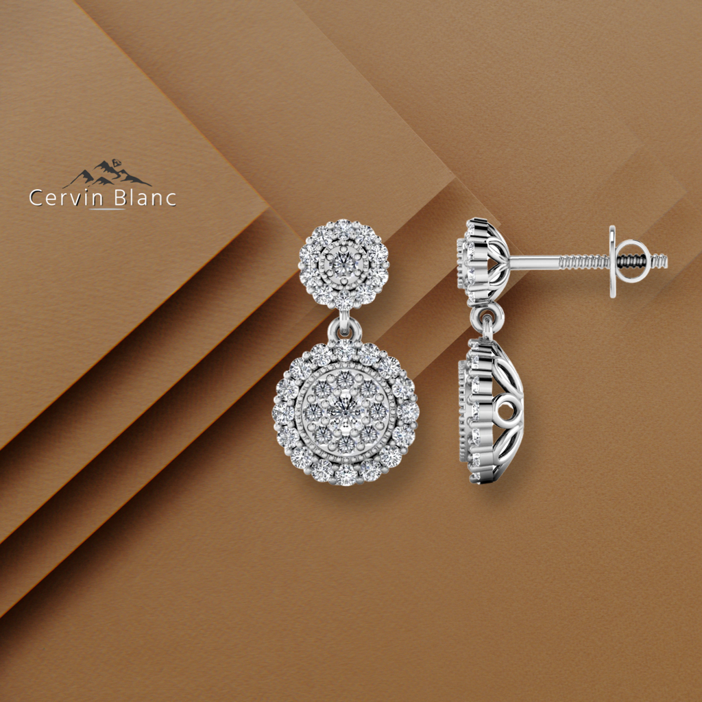 Boucles d'oreilles pendantes en or blanc serties d'un halo de diamants de 1,25 carat