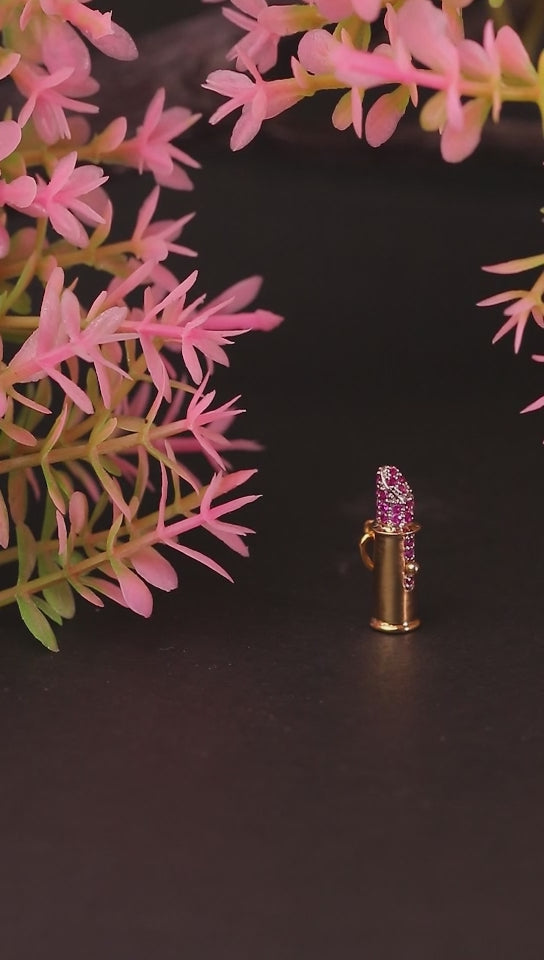 18ct Yellow Gold Lipstick Charm with Pink Stones Pendant Hoop Charms