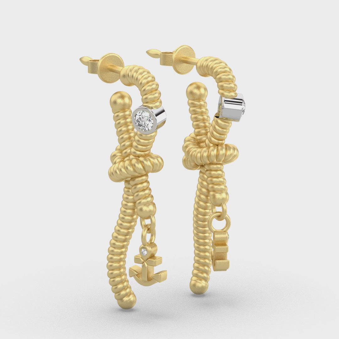 Sailor Knot Anchor Diamond Earrings Yellow Gold