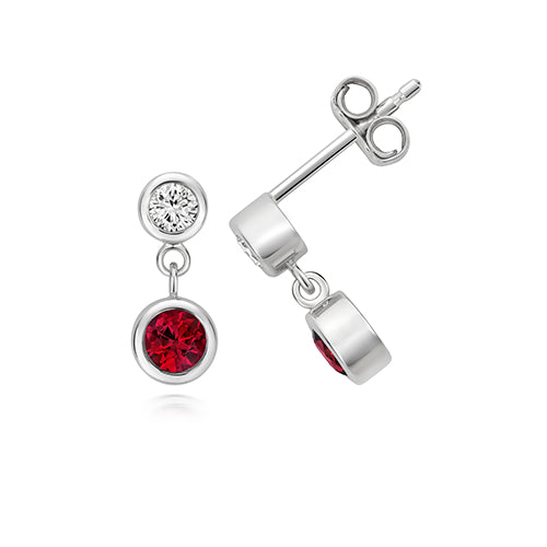 Sparkling 0.75ct Lab Diamond & Ruby Silver Drop Earrings