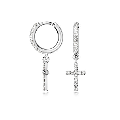 Silver cross huggies with lab diamonds