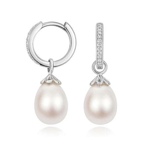 Sterling silver earrings with lab-grown diamonds and oval freshwater pearls, from the Hatton Garden Collection.
