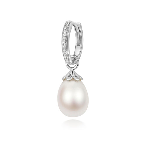 Sterling silver earrings featuring lab-grown diamond and oval freshwater pearl designs from Hatton Garden Collection.