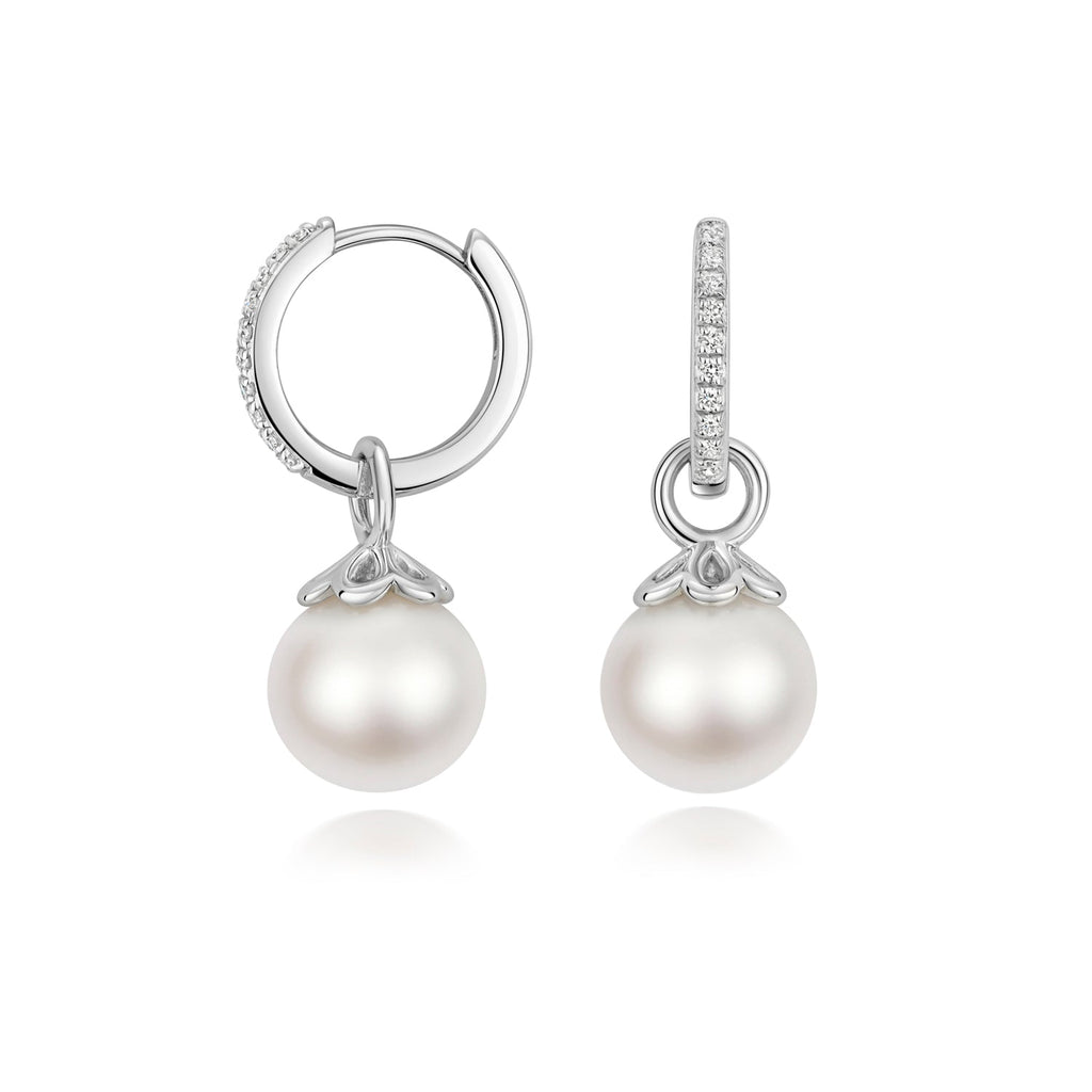 Lab Diamond and Fresh Water Pearl Hoop Earrings in Silver