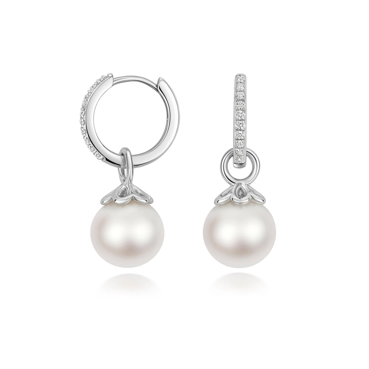 Lab Diamond and Fresh Water Pearl Hoop Earrings in Silver