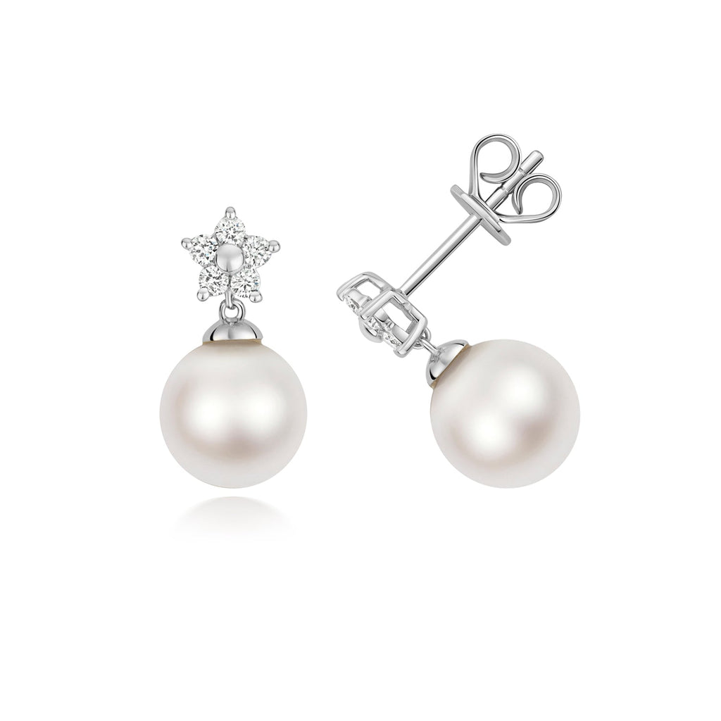Charming Freshwater Pearl & Lab 0.18ct Diamond Silver Earrings