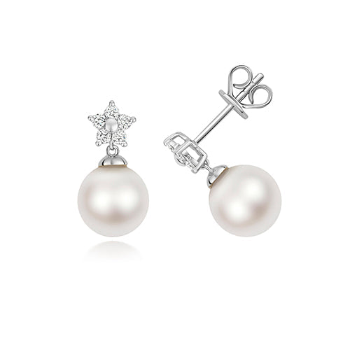 Charming Freshwater Pearl & Lab 0.18ct Diamond Silver Earrings