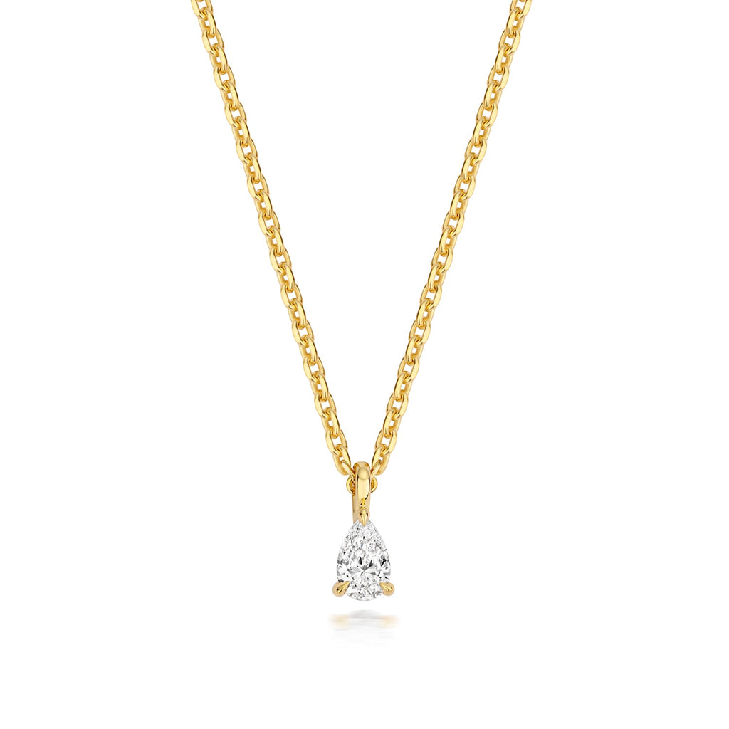 Lab-grown pear-shaped diamond pendant on gold-plated silver with 4-claw setting, part of Hatton Garden Collection.