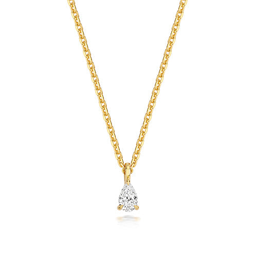 Lab grown pear-shaped diamond pendant in 4-claw gold-plated silver necklace, from Hatton Garden Collection.