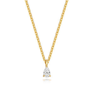 Lab grown pear-shaped diamond in 4-claw gold-plated silver necklace from Hatton Garden Collection, close-up view of the pendant.