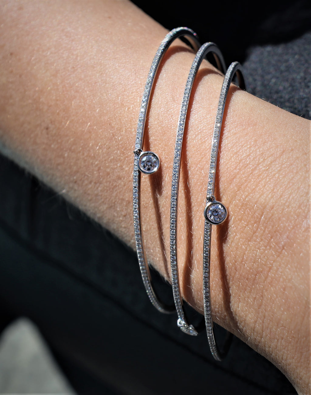 White Gold Eternity Diamond Bangle with solitaire charm