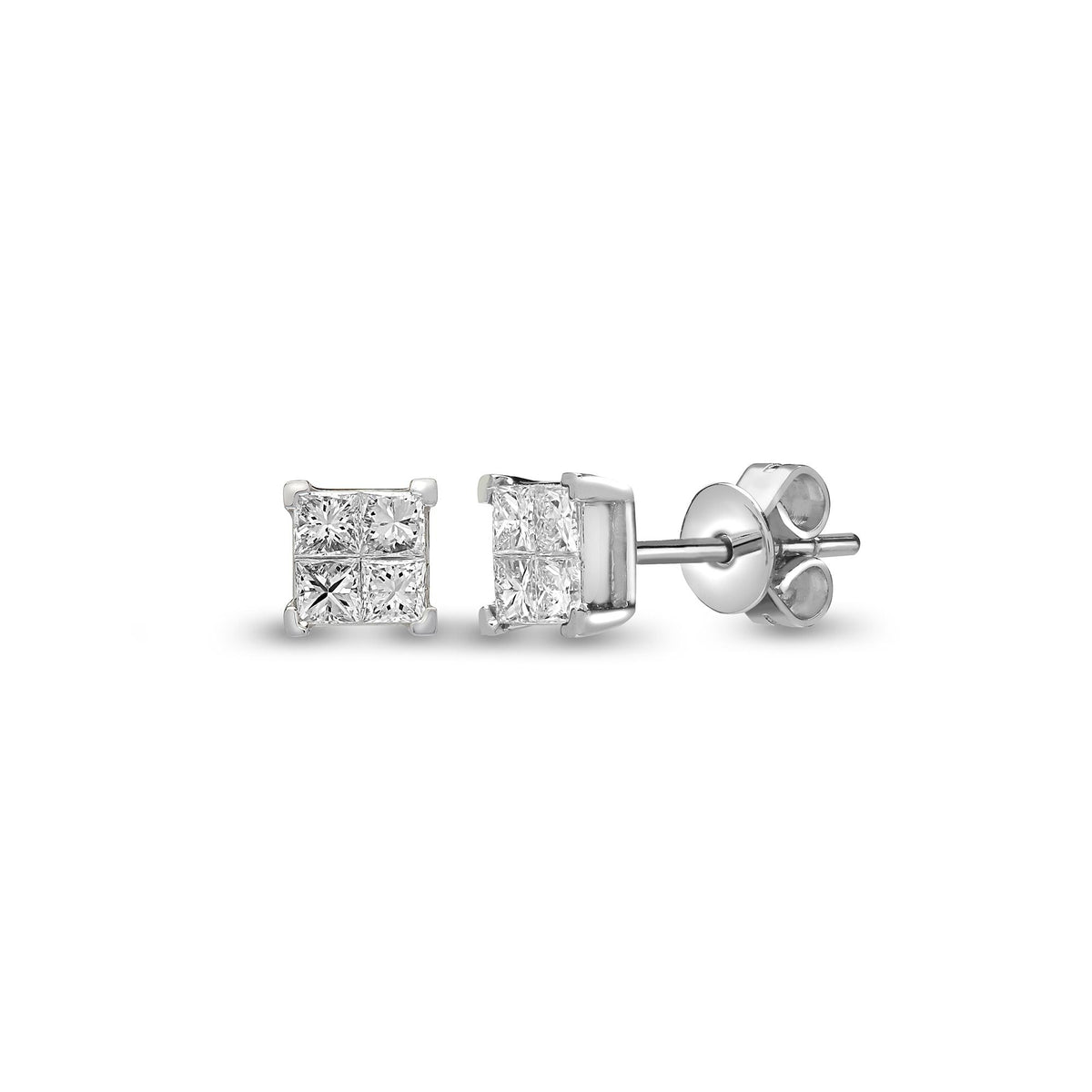 18ct White 1ct Diamond 4 x Princess Cut Stud Earring