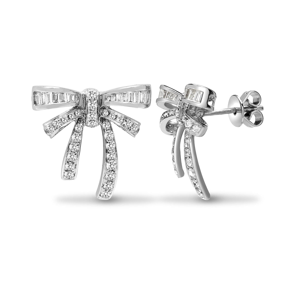 18ct White Gold 0.76ct Round & Baguette Diamond Bow Earrings