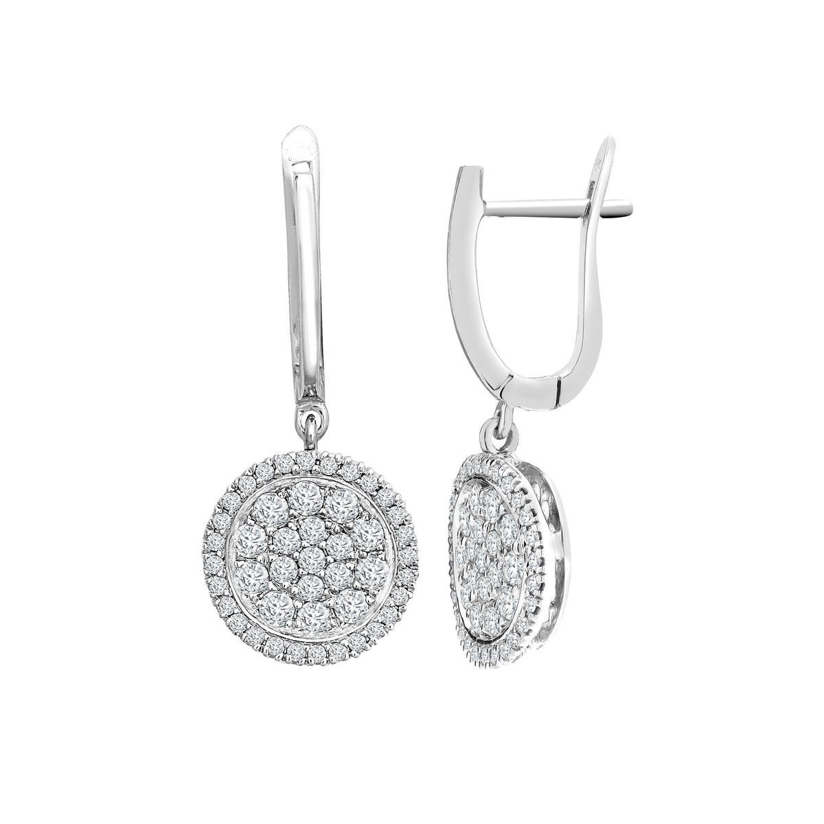 Round Cluster Diamond Drop Earrings White Gold
