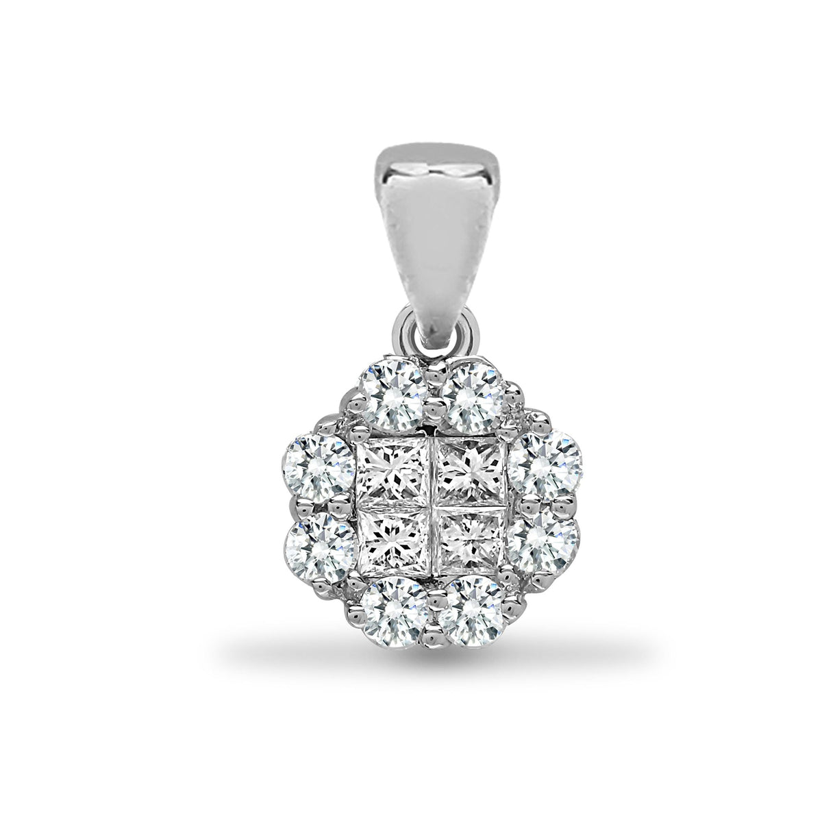 Pendentif en or blanc 18 carats serti de diamants ronds et taille princesse de 1 carat chacun
