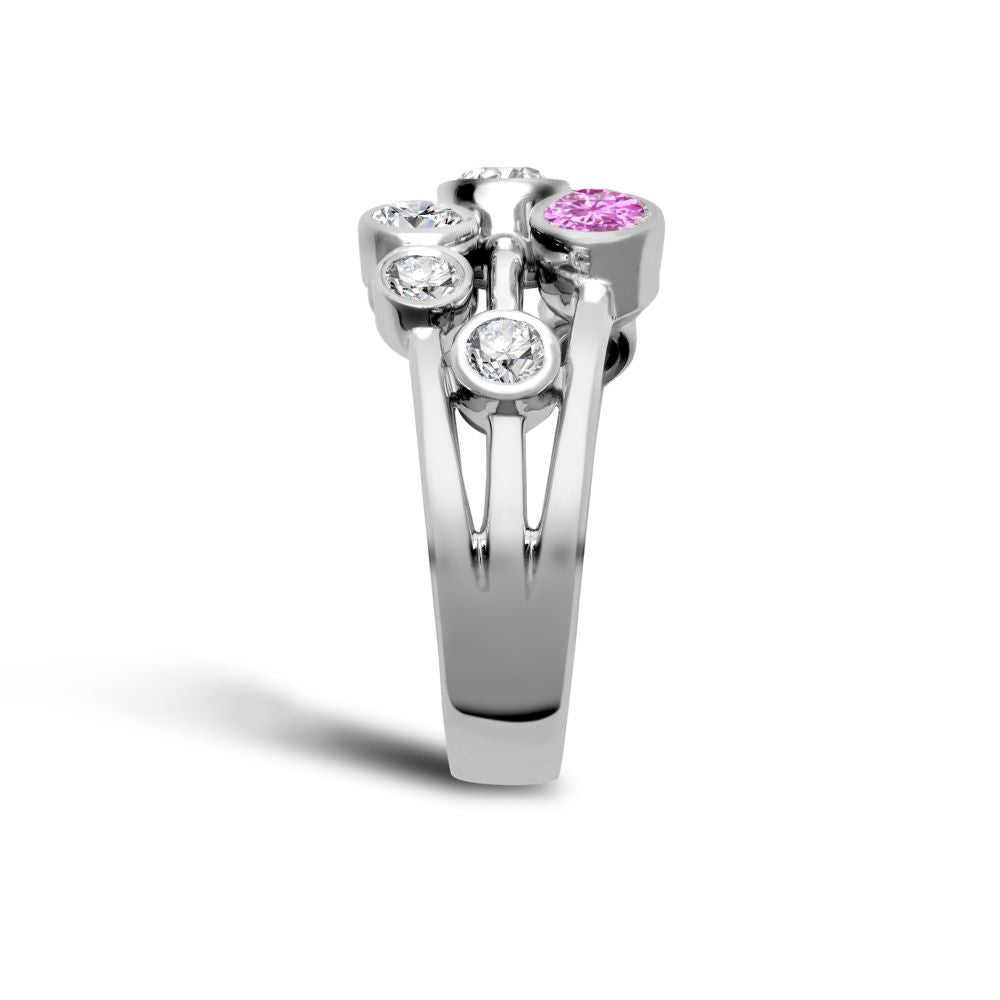  Anello a bolle in oro bianco 18 carati con diamanti da 0,37 carati e zaffiri rosa da 0,45 carati a 3 file