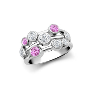 18ct White Gold 0.37ct Diamond 0.45ct Pink Sapphire 3 Row Bubble Ring