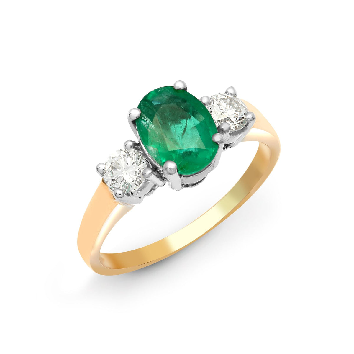  Anello in oro giallo 18 carati con 3 diamanti e smeraldi
