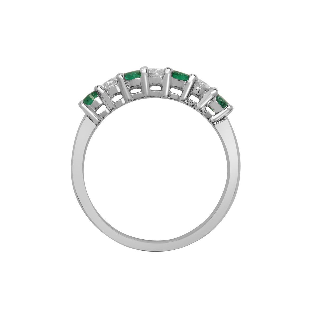  Anello a mezza eternità in oro bianco 18 carati con diamanti e smeraldi incastonati a griffe