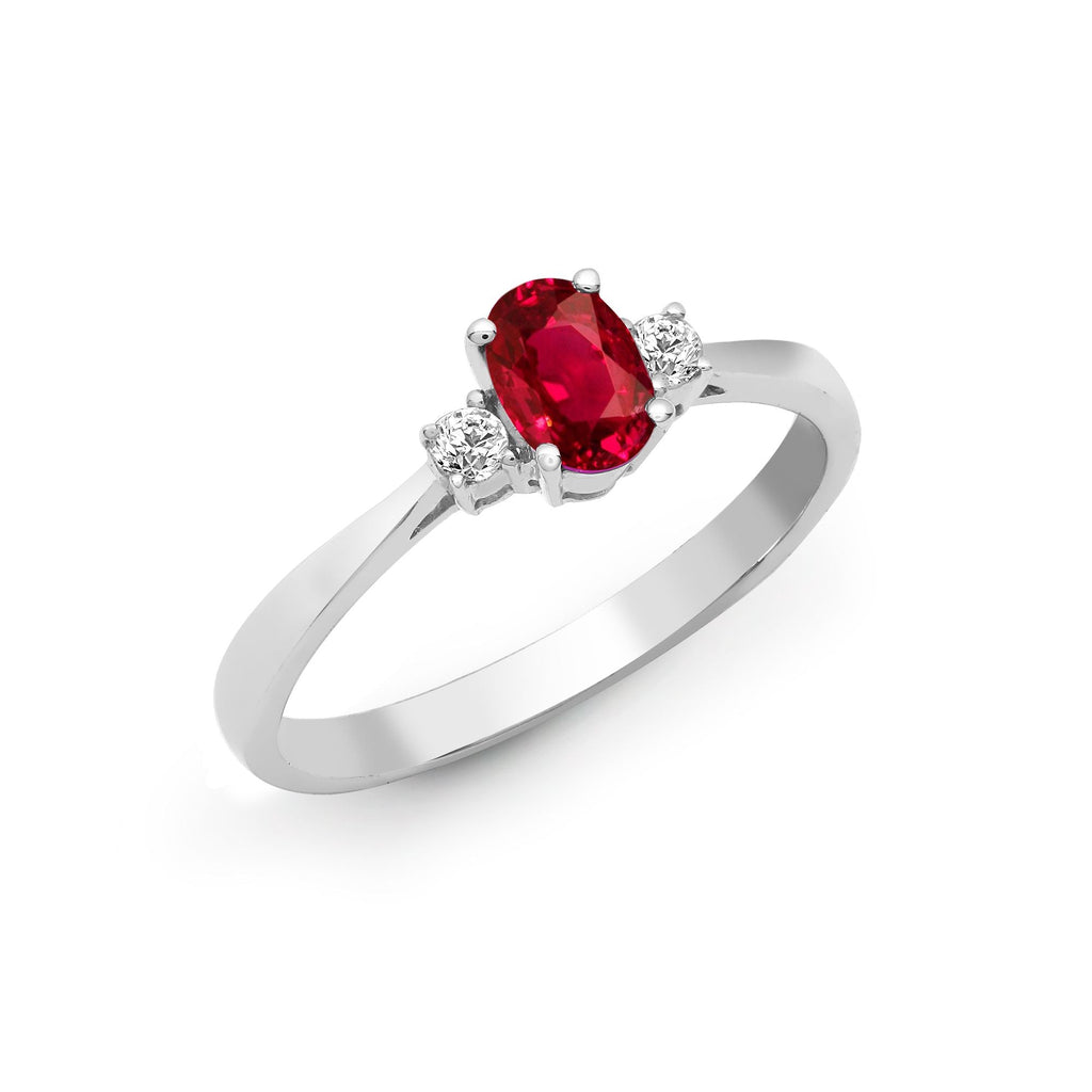 18ct White Gold Diamond And Ruby And 3 Stone Ring