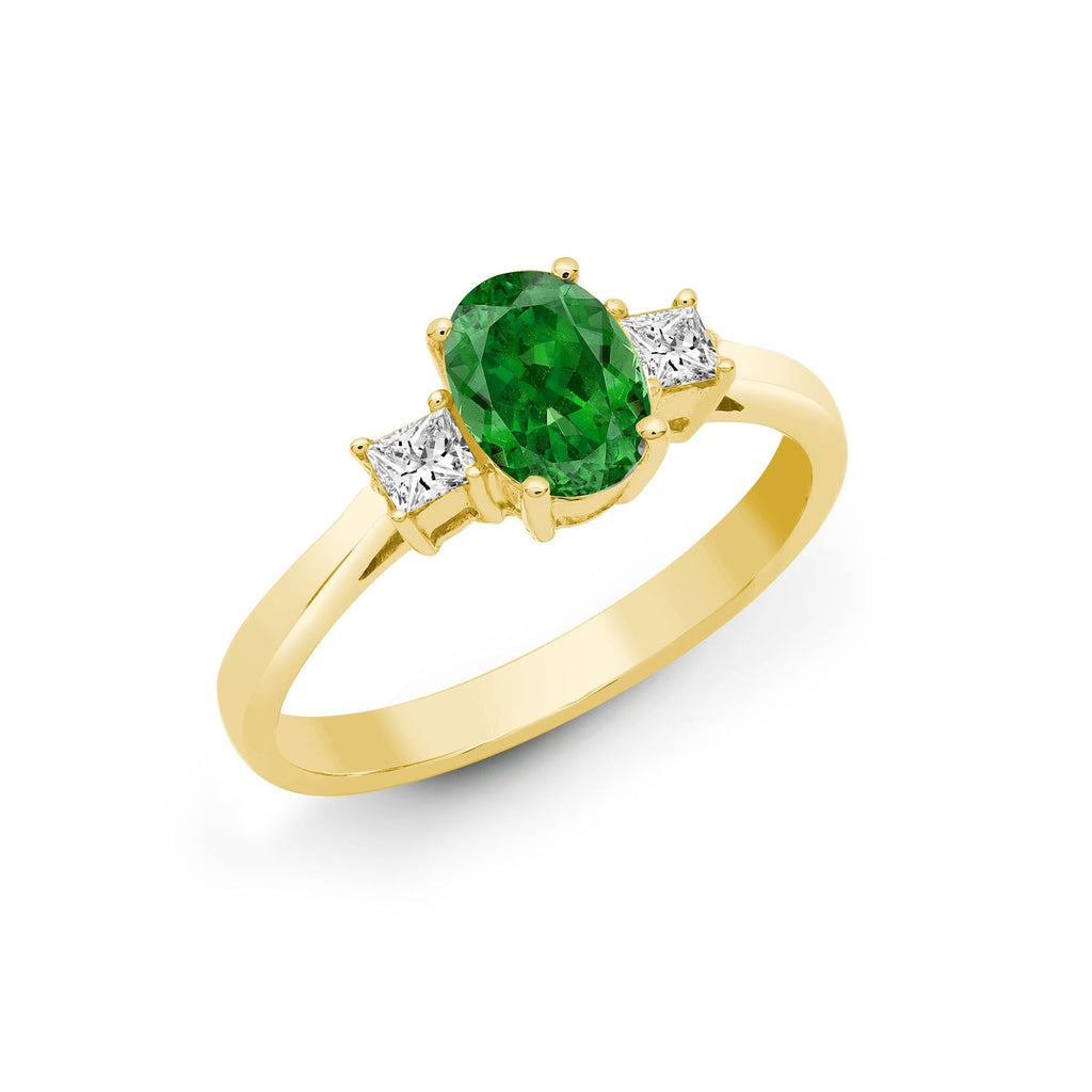 Bague en or jaune 18 carats sertie de diamants, d'émeraudes et de trois pierres