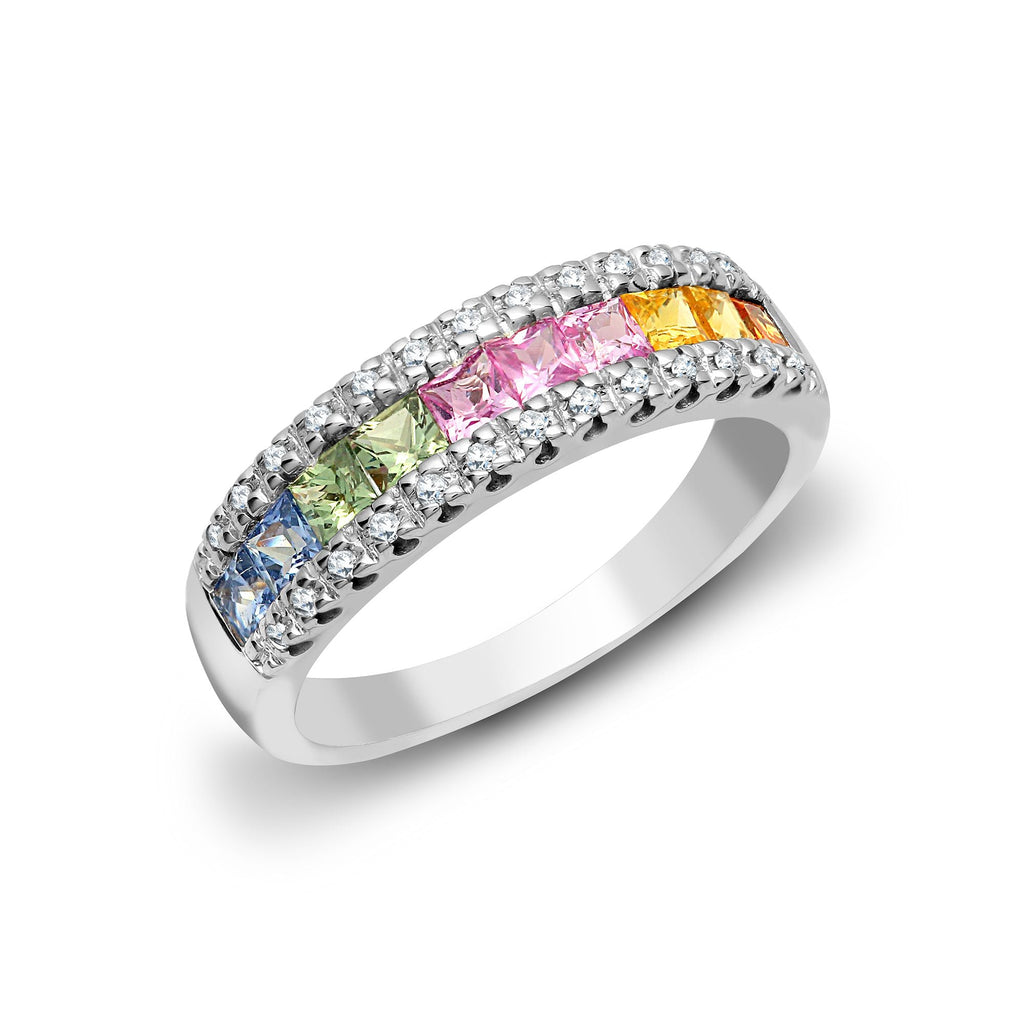 Ring aus 18-karätigem Weißgold mit Diamanten und mehrfarbigen Saphiren