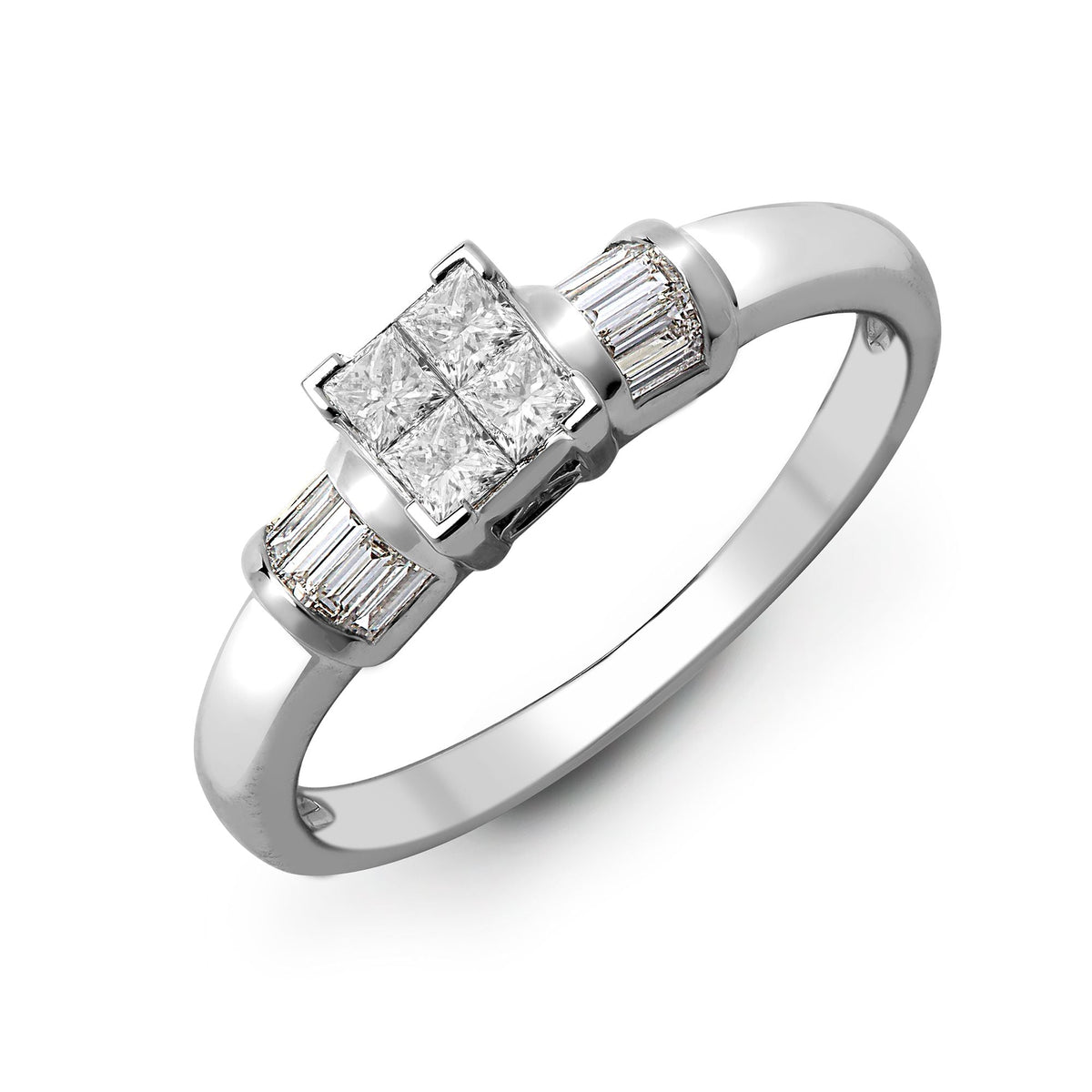  Anello principessa e baguette in diamanti bianchi da 0,58 ct, 18 ct