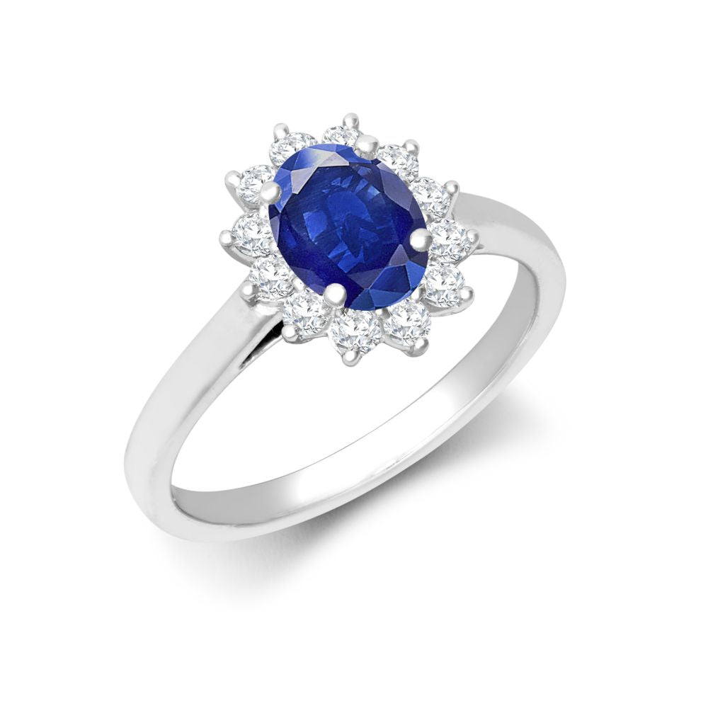 Ovaler Ring aus 18-karätigem Weißgold mit 0,35 ct Diamanten im Krappenfass-Cluster-Halo-Design – Fassung für 7 x 5 mm Saphire (0,75 ct)
