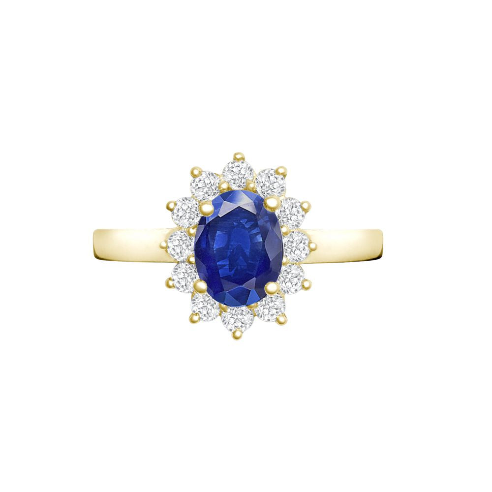 18ct Yellow Gold 0.35ct Diamond Claw-set Cluster Halo Oval Ring  - Holds 7x5mm Sapphire 0.75cts